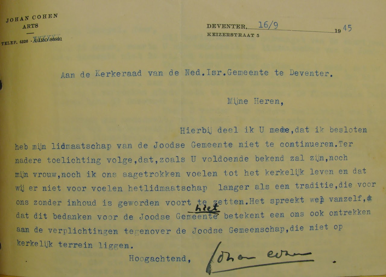 Reply from the board of the Jewish congregation, 1945